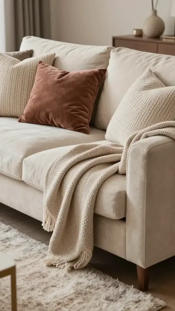 Create a high-resolution, hyper-realistic living room scene focused on a single main subject from the article title: a plush, inviting couch draped with layered textures. The setting showcases cozy texture mastery: soft throws and blankets in a curated mix of velvet, knit, and linen, plus textured cushions and a plush rug. The couch should exude comfort with deep cushions and a slightly overfilled feel, inviting lounging. Emphasize depth and warmth by pairing different fabrics and subtle patterns—velvet cushions with knit pillows, linen throws, and a softly textured rug. Use natural, warm lighting to highlight the tactile surfaces and create a snug, clutter-free environment with just the right amount of accent decor. The overall palette should be warm neutrals with rich pops: cream, taupe, cocoa, blush, and muted champagne. The composition centers the couch against a softly blurred, cozy background (a living room corner), ensuring the texture layering is the hero. No text on the image.