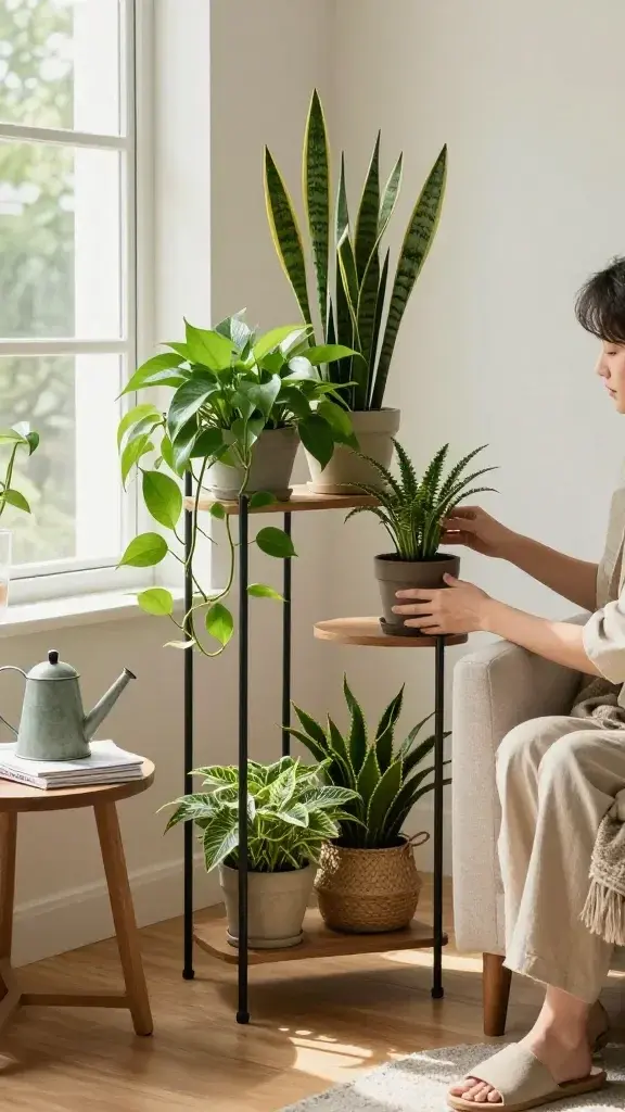 A realistic high-quality photo of a cozy indoor plant sanctuary in a sunlit living space. The main subject is a modern, stylish person seated on a comfortable upholstered chair, gently tending to a small, lush collection of low-maintenance houseplants (pothos, snake plant, ZZ plant) arranged in/around a slim, elegant corner plant stand and a cute, vintage-inspired watering can on a nearby shelf. The scene features soft natural light streaming through a large window, light wood floors, and neutral, warm tones. Include a small, tidy watering station with a simple glass water pitcher and a few care guides tucked neatly on a nearby side table. The plants appear healthy and vibrant, with cascading pothos trails, tall snake plant leaves, and sturdy ZZ plant foliage, creating a calming, nature-infused atmosphere. No text, logos, or interfaces; focus on the serenity and organic textures: ceramic pots, woven basket plant holder, soft throw blanket, and a hint of air-purifying greenery enhancing the sense of a mini plant sanctuary.