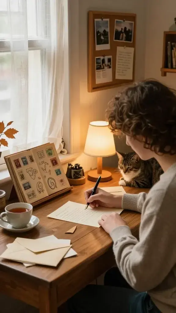 A warm, sunlit, cozy living room scene featuring a main subject inspired by "Start a Cozy Pen Pal Project." A thoughtful person sits at a wooden desk by a window with sheer curtains, writing a letter with a fountain pen on creamy stationery. Nearby are a small doodle sketch, a vintage postage stamp album, and a softly glowing lamp. A corkboard on the wall displays a few pinned photos and handwritten notes. A cup of tea and a stack of blank envelopes rest within reach, while a sleepy cat curls beside the desk. The atmosphere is intimate and nostalgic, with warm tones, natural textures (linen, wood, wool), and subtle autumnal decor, conveying the comfort of slow, intentional correspondence. No text visible in the image.