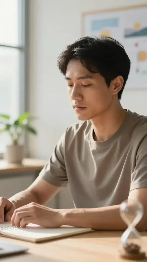 A high-resolution, lifelike photograph of a focused individual seated in a bright, minimalist modern workspace. The person, in their late 20s to early 40s, has a calm, determined expression with eyes gently closed or just open in a soft, reflective gaze. They are seated at a clean desk with a single notepad or a blank page in front of them, a subtle hourglass or a small plant to the side, and a softly blurred window showing natural light. The foreground shows a crisp, clear silhouette of the person’s head and shoulders, while the background hints at a vision board or a faint, ethereal projection of a distant, aspirational scene (e.g., a successful milestone, a calm travel destination, or a symbolic target) without explicit text. The lighting is warm and inviting, emphasizing a moment of clarity and momentum, with a shallow depth of field that keeps the subject sharply in focus while the surroundings gently fade. The overall mood conveys the first, decisive image surfacing in one minute — a crisp, motivating glimpse that guides future actions. The main subject from the article title should be clearly represented as the focal point of the image.