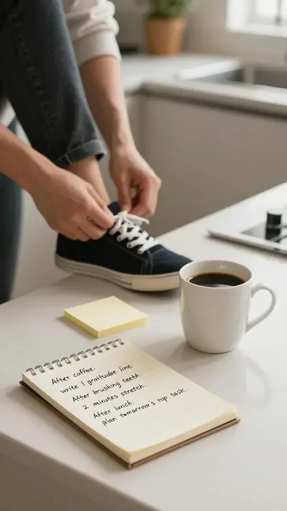 A realistic, high-quality photo of a calm, well-lit kitchen or home workspace in the morning light. In the foreground, a person stands by a clean countertop, tying their shoe and placing a small sticky note next to a cup of coffee, illustrating a simple habit stack. Nearby, a notepad shows a lined sequence: “After coffee: write 1 gratitude line; After brushing teeth: 2 minutes stretch; After lunch: plan tomorrow’s top task.” Subtle, warm tones and minimal clutter emphasize calm consistency. The main subject from the article title should be clearly represented as the person embodying building a simple habit stack, with a gentle sense of daily routine and forward momentum. No text on the image itself.