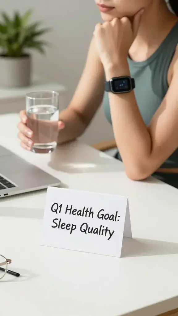 A realistic, high-quality photo of a confident, contemplative person sitting at a tidy, sunlit workspace with a simple health-forward goal framed on a small desk card in the foreground. The person is dressed in comfortable, modern athleisure and holds a glass of water, while a sleek wearable fitness tracker is visible on their wrist. On the desk, there’s a subtle notepad with a single line written: “Q1 Health Goal: Sleep Quality” and a minimalist plant in the background to convey calm energy. The scene conveys focus, balance, and energy alignment, with natural light highlighting clean lines, soft shadows, and a sense of motivation toward consistent movement, hydration, or sleep improvement. The main subject from the article title is clearly depicted, embodying purpose and forward momentum.