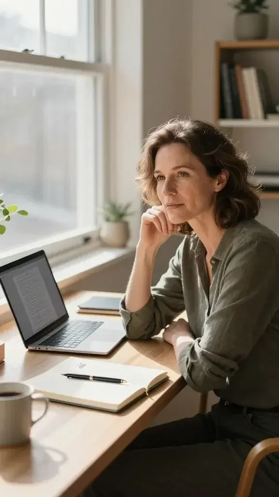 A focused, high-resolution photo of a confident, mid-career writer seated at a clean, sunlit desk by a large window. The person is in a modern, cozy home office with warm tones, a notebook open to a page titled “Goals,” a pen resting nearby, and a laptop displaying a mock book draft with visible, clean lines but no readable text. The scene conveys momentum and clarity: the writer’s posture is upright, expression thoughtful yet determined, hinting at the first-person present-tense mindset. Soft shadows, natural light, and subtle details like a coffee mug, a minimalist plant, and a bookshelf in the background suggest productivity and progress toward finishing a book. The overall composition emphasizes focus, action, and alignment with personal goals, with no visible text on the image.