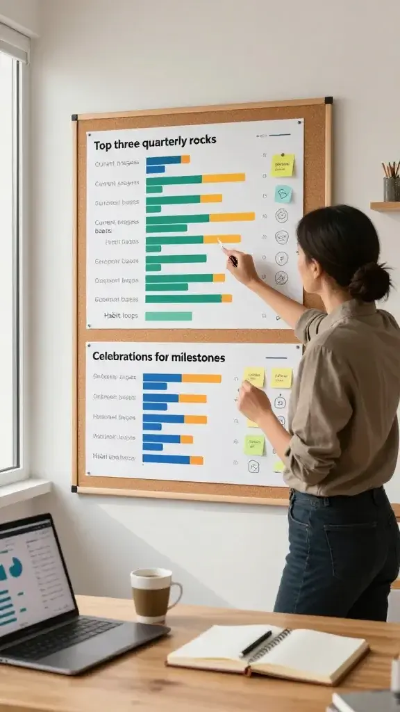 Generate a realistic, high-quality photo of a modern, organized workspace centered on a prominent, eye-catching visual goal board that cannot be ignored. The main subject should be a person (adult professional) standing in front of a large, visually rich corkboard or magnetic board mounted on a clean wall. The board displays clearly defined sections labeled: "Top three quarterly rocks," "Current progress bars," "Celebrations for milestones," and "Habit loops." Use color-coded progress bars filling to show progress, with small celebratory sticky notes or pins for milestones, and simple, inspirational icons next to each rock. Surrounding the board, include a tidy desk with a notebook, a pen, a cup of coffee, and a laptop open to a dashboard-like screen showing graphs or metrics. Ensure natural lighting from a window to the side, a warm yet professional atmosphere, and the image conveys daily visibility and motivation without any text overlay within the scene. The main subject should be actively engaging with the board, pointing at a progress bar with a focused expression.