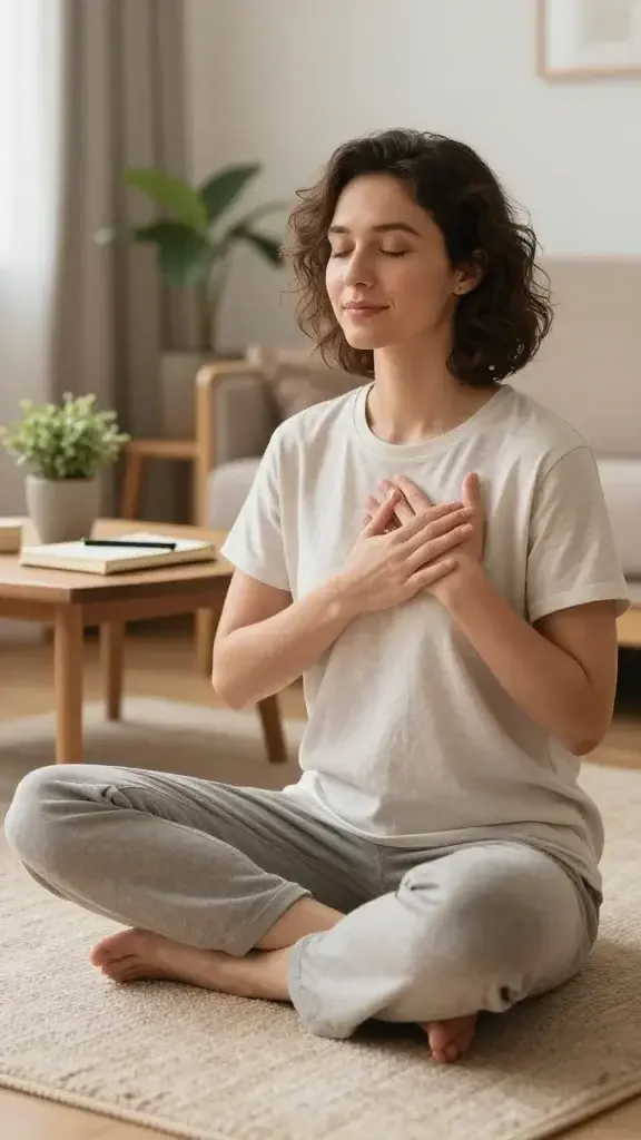 A realistic, high-quality photograph of a calm, reflective person practicing self-compassion: a person sitting cross-legged on a soft, natural-toned rug in a bright, serene living space with warm, diffused natural light. They are gently placing a hand over their heart with a compassionate, relaxed expression, eyes softly closed, shoulders relaxed. Surrounding details include a small potted plant, a neatly arranged journal and a pen on a wooden coffee table, and a soft throw blanket draped nearby to convey comfort. The scene conveys kindness toward oneself, resilience, and the message that effort matters over perfection, with a warm, supportive mood and shallow depth of field to keep the focus on the individual’s peaceful pose and facial expression.