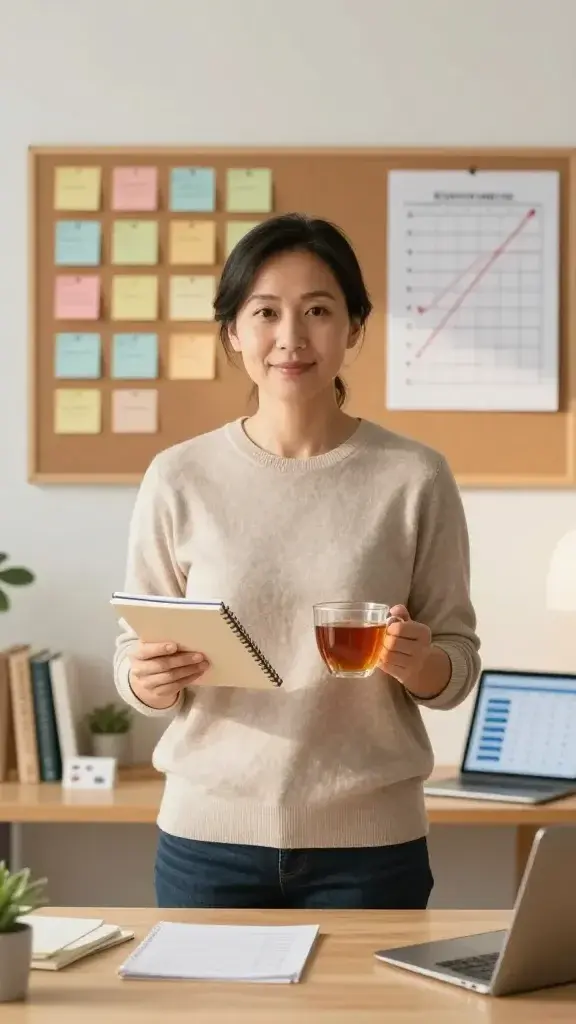 A realistic, high-quality photo of a confident, focused adult standing at the center of a bright, organized workspace. The person is smiling subtly, with a small notebook in one hand and a cup of tea in the other, symbolizing balanced reward and progress. Surrounding them are visual cues of a structured reward system: a clean corkboard or wall with color-coded sticky notes and a simple chart showing small milestones crossed, and neatly arranged reward items that align with growth (e.g., a book, a plant, a new journal, a massage gift card) placed on a desk organizer. The lighting is warm and natural, suggesting a calm, motivated atmosphere. The background hints at a minimal, uncluttered environment that supports consistent progress, with subtle elements like a calendar page and a tablet displaying a progress tracker. No text or words appear in the image.