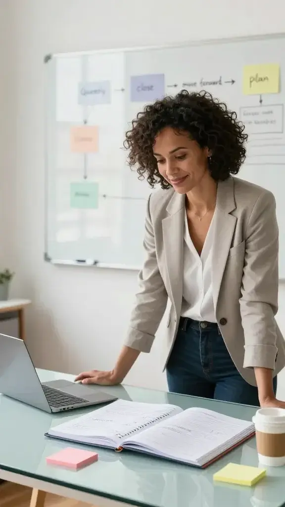 A high-resolution, realistic photo of a diverse middle-aged professional woman standing in a bright, modern workspace at a clean glass desk. She is smiling softly, looking confidently at a large, open planner spread across the desk with neatly written notes and checkmarks. The desk also holds a sleek laptop, a few colorful sticky notes, and a cup of coffee. Behind her, a whiteboard walls with a simple quarterly transition diagram (phases: close, move forward, plan) in soft, non-distracting colors. Soft natural light filters through a nearby window, casting a calm, productive ambiance. The scene conveys reflection, clarity, and momentum—capturing the essence of ending a quarter with a clear transition plan and starting the next with confidence. No text visible in the image.