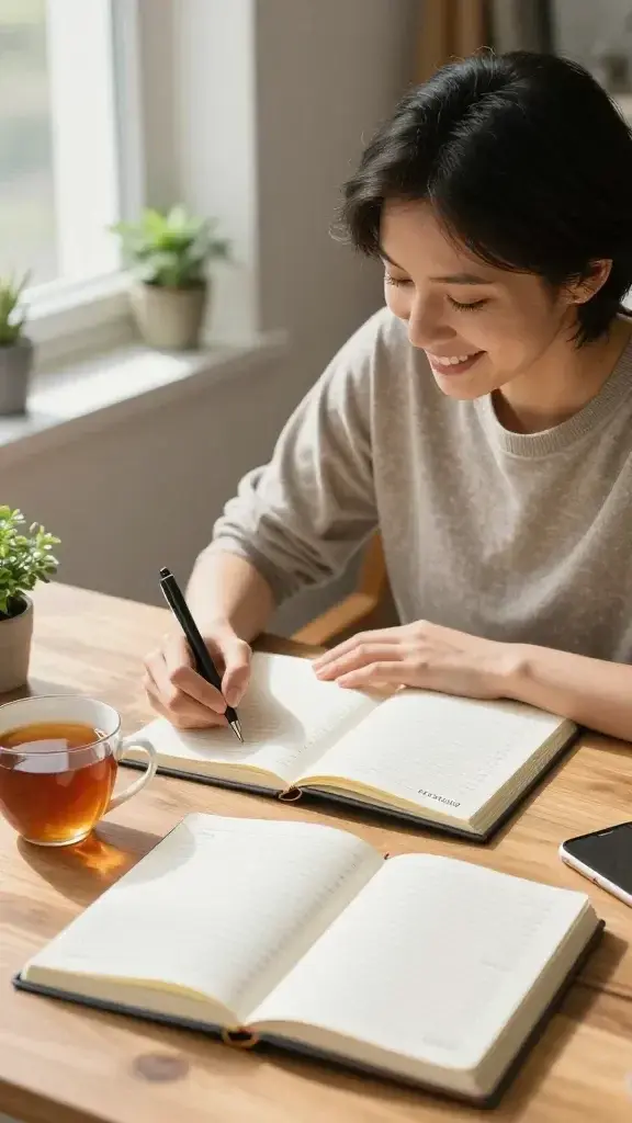 A photo of smiling person in a cozy, sunlit study space working on 20 monday journal prompts
