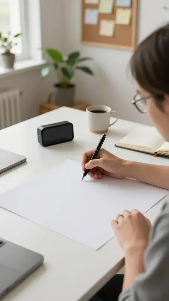 A realistic, high-quality photo of a calm, organized workspace in soft natural light, featuring a focused person (adult, seated at a clean desk) writing rapidly on a blank, large sheet of white paper with a neat, flowing pen; a subtle 5–8 minute timer sits nearby on the desk, a small cup of coffee, and a notebook labeled with faint, non-distracting header lines. The background shows a minimalist home office with a plant, a corkboard with light, unobtrusive notes, and a window with gentle daylight. The scene conveys a safe, non-judgmental environment for a brain dump, capturing a moment of creative release and mental clarity as ideas spill freely onto the page. No text on the image.