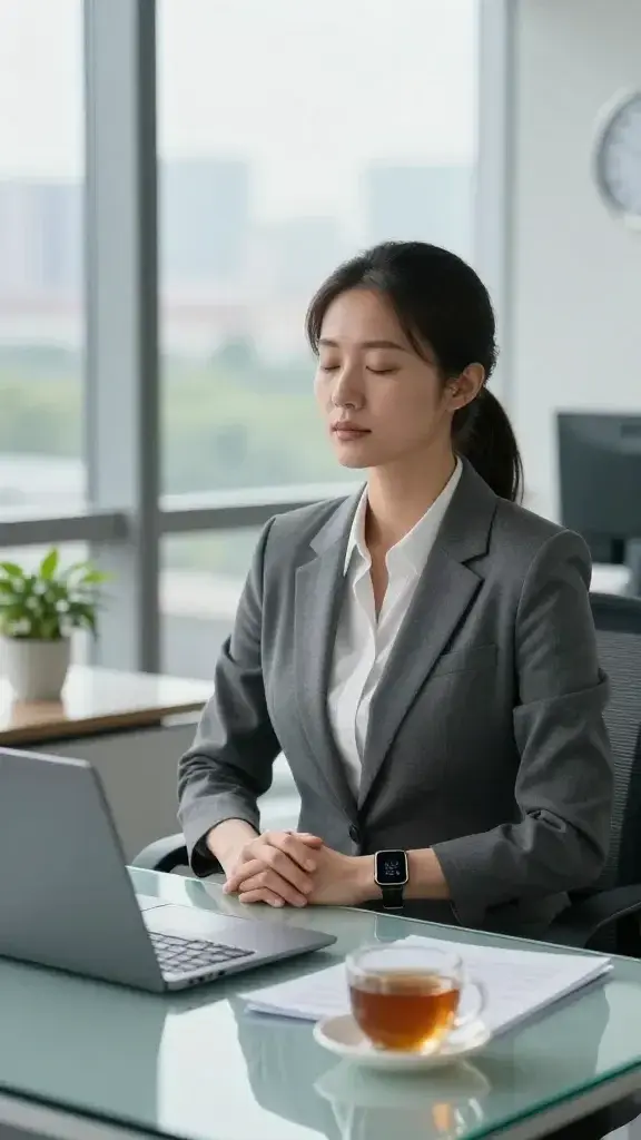 A realistic, high-quality photo of a focused professional woman taking a deliberate power-pause moment in a modern office setting: she sits at a glass desk with soft natural lighting, hands gently resting on her lap, eyes closed in calm reflection, a subtle calm aura around her. The scene includes a smartwatch showing a countdown, a closed laptop, a cup of tea, and a small potted plant to symbolize growth. In the background, a large window reveals a calm cityscape or greenery outside, with a timer or clock subtly indicating a short pause. The mood is serene, purposeful, and centered, conveying clarity and momentary reset amidst a busy day.