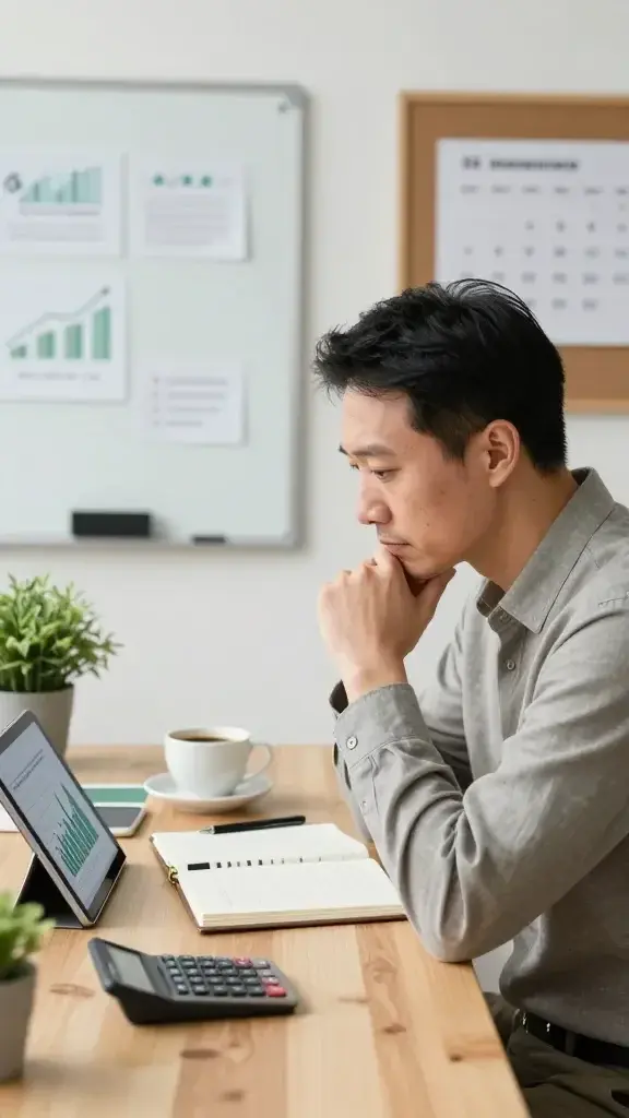 A realistic, high-quality photo of a focused professional at a tidy desk in a softly lit home office, mid-30s to mid-40s, wearing smart-casual attire, looking thoughtfully at a notebook and a tablet displaying financial charts, with a color palette of warm neutrals and subtle greens to evoke growth. The desk includes a cup of coffee, a calculator, a pen, and a small plant, with a whiteboard or corkboard in the background showing minimalist, non-distracting financial prompts and a calendar. The subject appears calm and purposeful, conveying a moment of honest, pragmatic money mindset reflection about optimizing spend and identifying a small weekly financial win to boost momentum. No text or logos on the image.