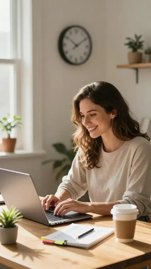 A warm, sunlit home office scene featuring a calm, smiling woman seated at a clean wooden desk. She is midway through a small, joyful project, with a softly lit laptop open to a simple task list and a tangible sense of momentum. The desk has a tiny plant, a notepad with doodled checkmarks, a reusable coffee mug, and a few colored sticky tabs. A wall clock shows a comfortable, attainable deadline, and a window lets in gentle natural light, casting soft shadows. The atmosphere conveys effortless productivity and contentment—no stress, just flow and small, meaningful progress. Realistic, high-resolution photo with natural skin tones, warm color palette, shallow depth of field to softly blur the background while keeping the subject sharp. No text or branding in the image.