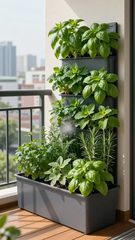 A realistic high-quality photo of a compact balcony herb garden thriving in a sunlit urban setting. Include a small railing planter box and a stylish vertical herb wall with fresh basil, mint, parsley, chives, and rosemary arranged neatly. Show droplets of water on leaves after a gentle mist, a wooden balcony floor, a bright cityscape in the background, and soft natural light casting gentle shadows. The main subject should echo the article title’s theme: a chic, accessible mini herb garden on a balcony that looks ready for cooking, with aroma implied by vibrant green herbs and a subtle, elegant atmosphere. No text visible in the image.