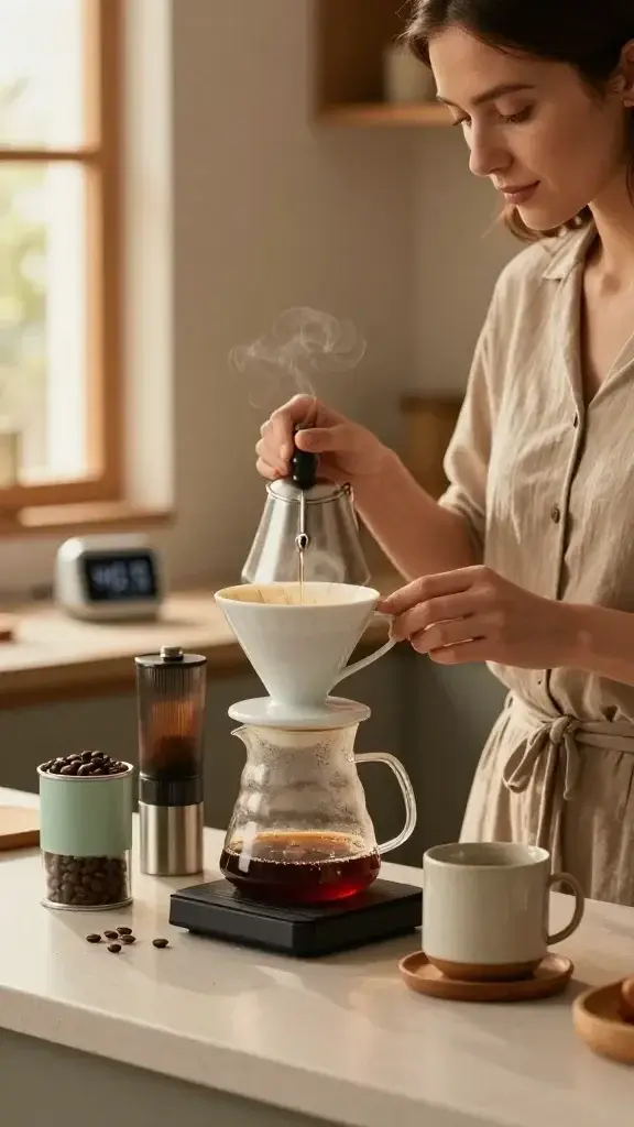 A well-lit, intimate kitchen scene capturing a stylish woman in her early 30s with a calm, content expression as she prepares coffee. She stands beside a sleek, clean pour-over station: a glass carafe atop a white ceramic dripper, a glossy burr grinder, and a small chrome kettle. A warm, amber light from a window highlights the rich tones of freshly ground coffee and glossy beans in a jade-green canister. A minimalist, ceramic mug sits on a wooden coaster, with a small digital timer showing four minutes in the background. The scene emphasizes deliberate ritual: careful hand pouring, steam curling from the mug, a neatly arranged setup, soft bokeh background, and a tidy counter with muted earthy colors to convey it girl hobbies