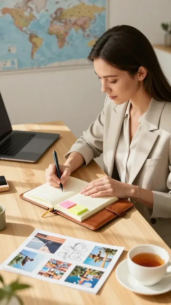 A high-resolution, realistic photograph of a stylish, modern woman seated at a clean wooden desk in a sunlit, elegantly designed workspace. She is journaling in a lush, leather-bound travel dream journal, with colorful sticky notes, a budget planner, and a neatly arranged spread of destination photos and sketches visible on the desk. The scene includes a world map pinned to the wall, a closed laptop, a cup of tea, and soft natural light casting warm shadows. She wears a chic, minimalist outfit (soft blazer and light blouse), a delicate bracelet, and her hair is neatly styled. The overall aesthetic is aspirational yet approachable, conveying purposeful planning and anticipation of future travel without showing text on the journal pages.