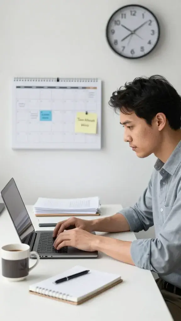 A high-quality, realistic photo of a focused professional at a tidy workspace, captured in natural light. The main subject is typing on a sleek laptop with a clean desk featuring a notepad, a coffee mug, and a small, organized stack of papers. In the background, a wall calendar shows a few upcoming tasks highlighting a two-minute rule, with a subtle, unobtrusive reminder note pinned that reads “Two-Minute Wins.” The scene conveys momentum and productivity, with a clock on the wall showing a few minutes past the hour and a subtle sense of movement as if quick tasks are being completed. The overall mood is calm, determined, and energetic, emphasizing immediate action and small, consistent wins without any text or graphics on the image.