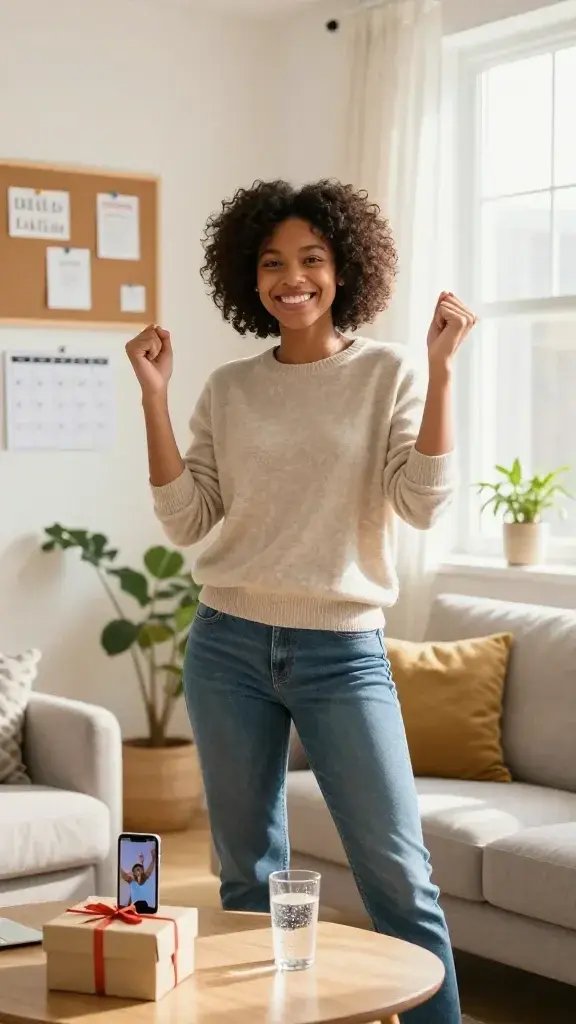 A vibrant, high-resolution photo of a diverse, joyful person standing in a sunlit living room, surrounded by subtle celebratory elements: a corkboard with a few pinned milestones, a smartphone showing a short victory video, a small gift box on a coffee table, and a glass of sparkling water. The subject is smiling confidently, arms raised slightly in a celebratory gesture, wearing casual yet neat attire (soft sweater and jeans). Soft natural light floods the scene from a large window, casting warm tones and gentle shadows. The background includes a clean, modern interior with a plant and a calendar showing multiple checked-off milestones, conveying sustained momentum and the joy of progress. No text or logos anywhere in the image.