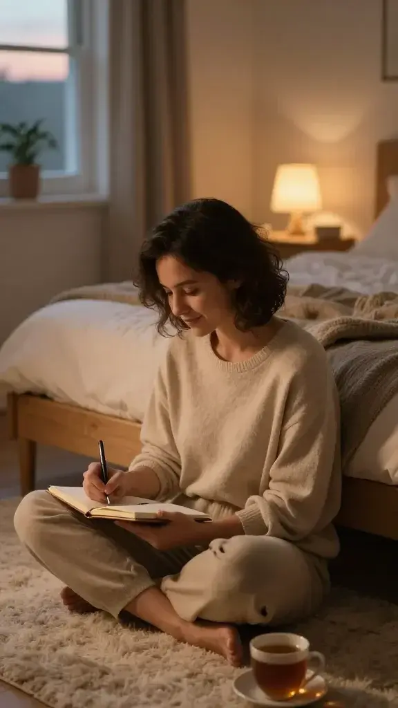 A peaceful, intimate bedroom scene at dusk, featuring a calm adult sitting cross-legged on a plush rug beside a low, soft-lit bed. The person is writing in a simple notebook with a warm pen, a closed desk journal visible, and a subtle smile suggesting quiet triumph. Surrounding elements include a small window with gentle twilight hues, a softly glowing bedside lamp, and a cup of tea to the side. The mood conveys contemplation and tiny everyday victories; the person gazes slightly downward with a content, reflective expression. The color palette is warm and cozy—cream, soft browns, and muted golds—with natural textures like wood, fabric, and a cozy throw. The composition centers on the individual as the main subject, capturing a realistic, high-quality photo aesthetic suitable for a bedtime journal prompt, with no text visible in the image.