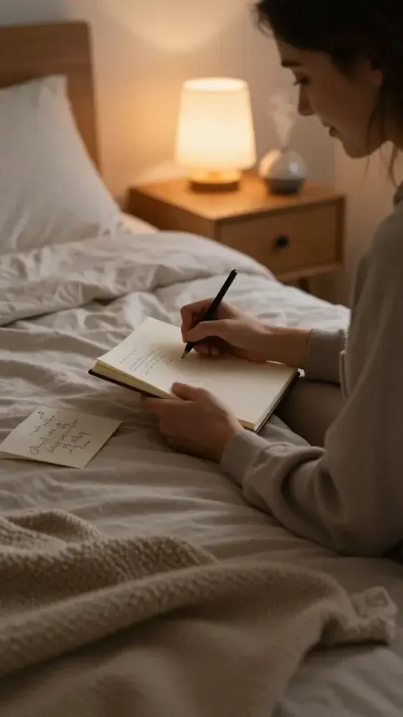A realistic, high-quality photo of a calm, warmly lit bedroom at dusk, showing a person seated on a neatly made bed with soft, neutral-toned bedding and a small wooden nightstand. The person is jotting in a journal, a gentle smile on their face, conveying reflection and kindness. On the journal page, a few visible, handwritten lines suggest a received compliment and a plan for tomorrow, while a folded note or card with a kind message rests nearby on the bed. A cozy throw blanket draped over the edge of the bed, a diffuser releasing a subtle mist, and a softly glowing bedside lamp create a serene atmosphere. The scene conveys introspection, gratitude, and the practice of passing kindness forward without any text in the image.