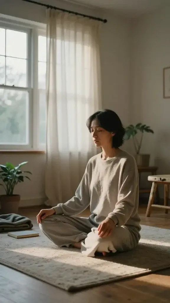 A serene, high-resolution photograph of a person seated cross-legged in a quiet, sunlit room at dusk, embodying a moment of stillness. The main subject is a calm adult (gender-neutral) with relaxed posture, eyes gently closed or softly focused downward, hands resting on knees. The room features warm, natural light pouring in from a large window with sheer curtains, casting soft shadows across a simple, uncluttered space. Surroundings include a small potted plant, a folded blanket, and a journal gently placed nearby to suggest reflection. The atmosphere conveys grounding and mindfulness: a muted color palette of soft beiges, creams, and pale blues, with textures like a wool rug, wood floor, and a lightly weathered wooden stool. Subtle details hint at senses: a faint sense of morning earthiness from the plant, the quiet creak of a chair, and the quiet stillness of the moment. The composition centers the subject, balanced by the window light and a sense of spacious calm, inviting the viewer to imagine carrying this grounded calm into tomorrow. No text.