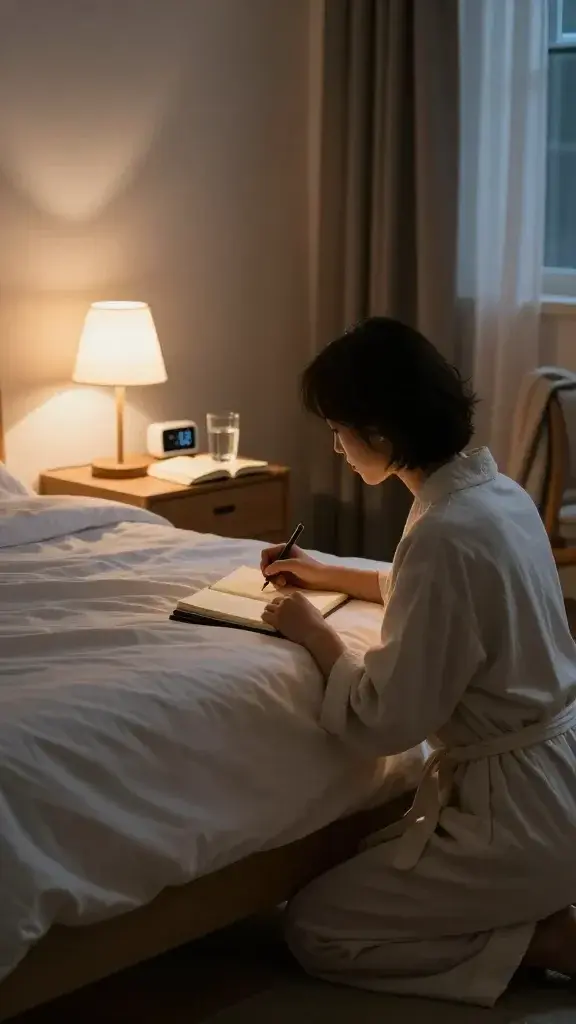 A cozy, softly lit bedroom at night with a focused, centered composition featuring a calm adult preparing for bed. The main subject is a person kneeling at the foot of the bed, writing in a small journal by the glow of a warm bedside lamp. Nearby on a wooden nightstand sits a closed book, a glass of water, and a gentle digital timer showing a short, precise routine. The scene conveys a tranquil, ordered atmosphere: a tidy bed with crisp white linens, a simple robe draped over a chair, and a window with dark curtains closed to indicate night. The overall mood is serene and intimate, emphasizing routine, mindfulness, and the anticipation of a peaceful sleep. High-resolution, photorealistic style.