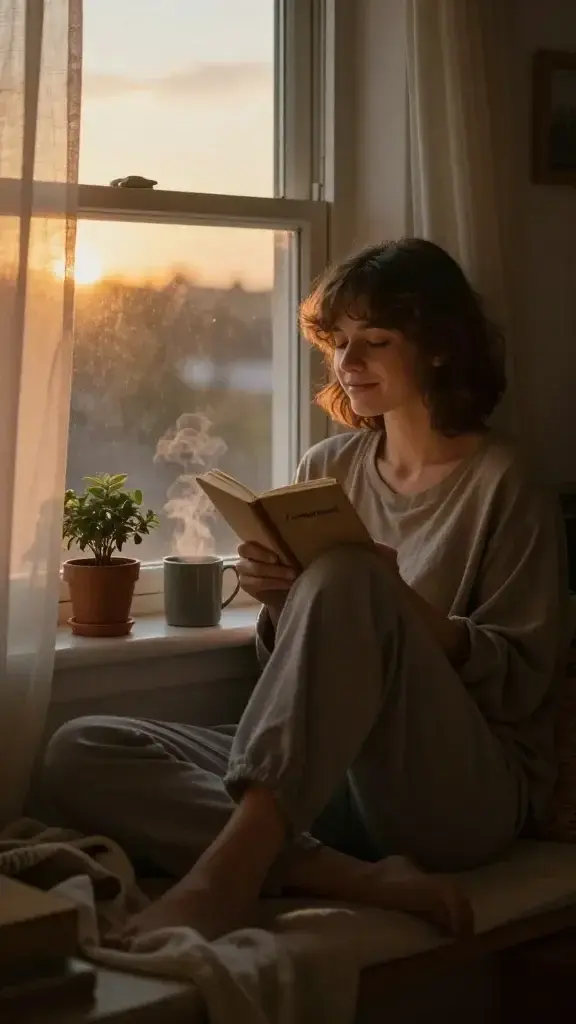 A warm, intimate scene of a person sitting on a sunlit windowsill in a cozy room, clutching a small, well-worn notebook titled “Contentment” in their lap. The person is in soft-focus, casual clothing, eyes closed with a gentle smile, conveying a moment of quiet peace. Outside the window, a peaceful early evening sky casts golden light through translucent curtains, while a small potted plant sits on the sill and a steaming mug rests beside the notebook. The room has earthy tones, a plush throw blanket, and subtle textures of wood and fabric that evoke comfort and safety. The overall mood is serene and reflective, capturing a realistic, high-quality, cinematic portrait of contentment in a single, tender moment. No text or barriers in the image.