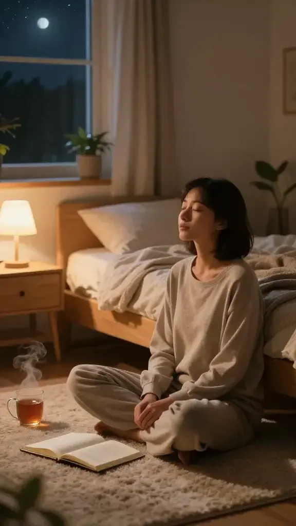 A tranquil, warmly lit bedroom at night with a soft, cozy aesthetic. In the foreground, a calm person sits cross-legged on a plush rug beside a low wooden bed, eyes closed in a gentle, reflective pose as if concluding a bedtime journaling ritual. Nearby, an open journal rests on a small nightstand, its pages faintly catching the warm glow of a bedside lamp. A steaming mug of tea sits beside the journal, and a window reveals a dark, starlit sky with a hint of moonlight. The room exudes serenity with soothing earth tones, a light blanket draped over the bed, and a few minimalist plants. The scene evokes a sense of self-care, calm, and nightly intention-setting, with the subject embodying the article’s theme of a peaceful night and final peace check. No text or logos. High-resolution, photorealistic, with soft shadows and natural skin tones.