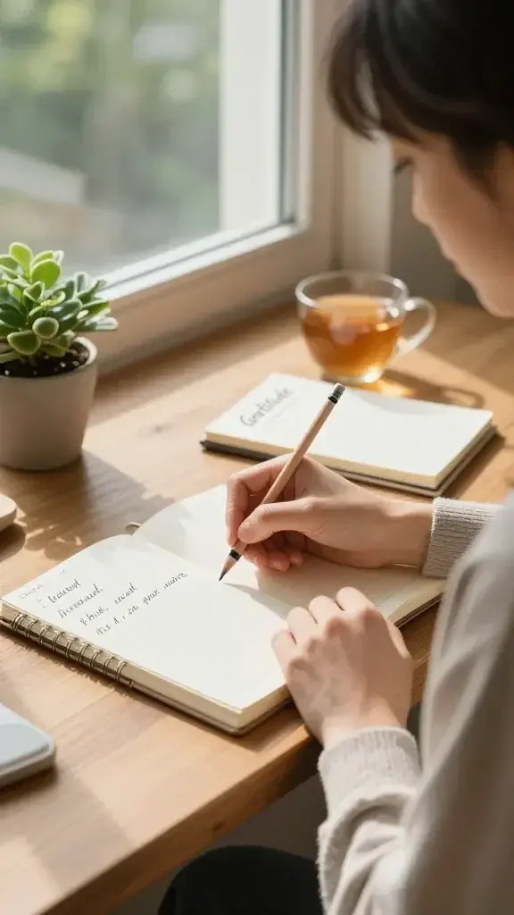 A warm, sunlit scene of a person sitting at a tidy wooden desk by a window, journaling with a soft pencil on a blank page. The desk holds a small potted plant, a cup of tea, and a neatly arranged notebook labeled “Gratitude.” The person is mid-30s, serene expression, focused gaze, wearing cozy, neutral-toned clothing. Outside the window, gentle greenery suggests morning light in a calm home environment. The composition emphasizes tiny, daily rituals: a close-up shot of the page with three brief lines of handwritten gratitude, one personal trait highlighted with a subtle underline, and a weekly calendar at the edge indicating reflection. The overall mood is intimate, encouraging, and hopeful, with natural textures and soft shadows to convey consistency and self-care. No text or branding on the image.