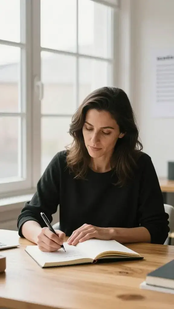 A candid, high-resolution photo of a centered, confident adult woman sitting at a sunlit wooden desk by a large window, drafting a personal mission statement on a clean, uncluttered desk. She writes with a gel pen on a minimalist notebook, a calm expression of focus and determination on her face. Soft natural light highlights her thoughtful posture as she references a small, unobtrusive list of values taped to the wall. The scene conveys empowerment, clarity, and intention, with warm tones and a serene, self-affirming mood, no text or logos visible.