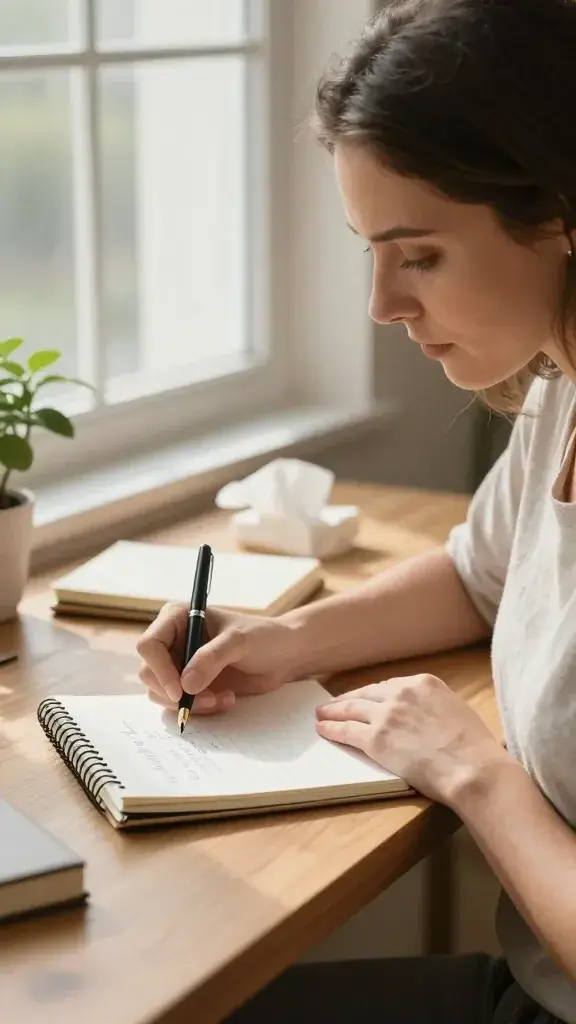 A realistic, high-quality photograph of a serene, sunlit moment where a woman sits at a wooden desk by a large window, writing a heartfelt letter on pristine stationery. The scene conveys forgiveness and self-compassion: soft morning light highlights a calm, reflective expression on her face as she writes with a fountain pen; a gentle, reusable journal rests beside her, and a small plant adds a touch of life. The background shows warm neutral tones, a few scattered feelings-collection objects like a folded tissue, and a candid close-up of her hand writing a compassionate note. The overall mood is tranquil, hopeful, and intimate, with natural textures and authentic emotion, embodying self-forgiveness and reclaiming energy. No text visible in the image.