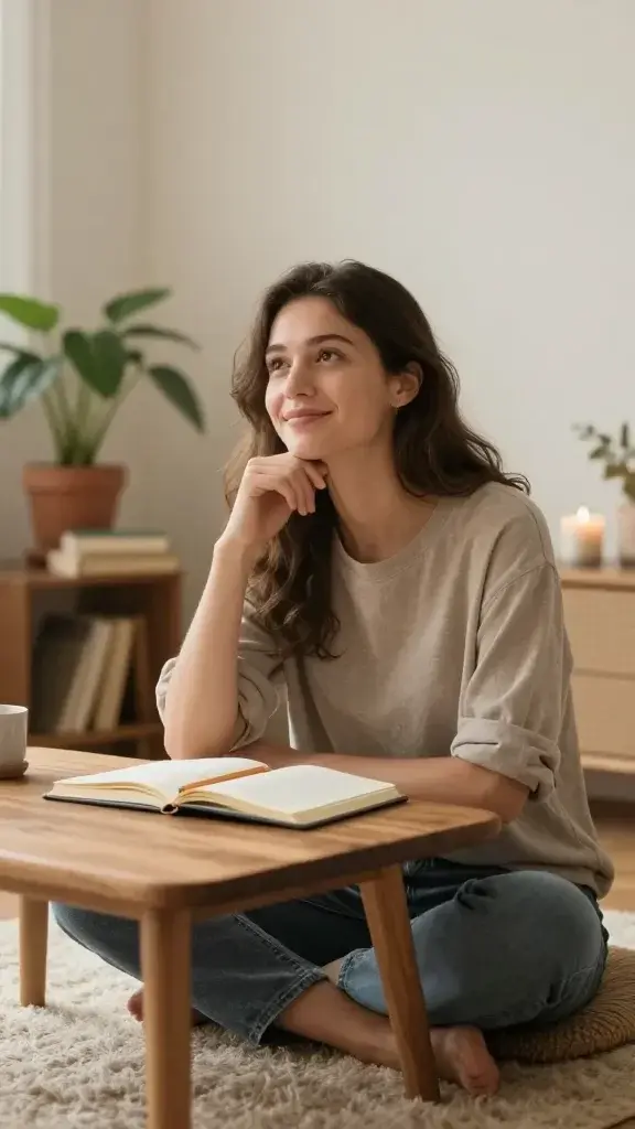 A realistic, high-quality photograph of a calm, reflective person sitting alone in a sunlit cozyReading nook, captured in soft, natural light. The focus is on the main subject—a young adult woman with a gentle, open expression, seated cross-legged on a plush rug beside a low wooden table with a few open journals and a single pencil. She gazes slightly upward with a thoughtful smile, as if pondering a prompt from a week-long reflection exercise. Surrounding her are warm earth-toned tones: cream walls, a potted plant, a softly blurred stack of books, and a small candle in the background. The scene conveys quiet introspection, personal growth, and a sense of self-discovery through mindful questioning, with a clean, uncluttered composition and a shallow depth of field to keep the subject in sharp focus. No text or branding in the image.