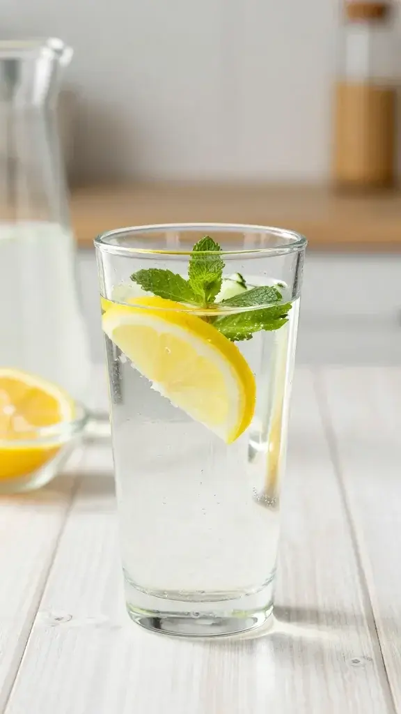 A realistic, high-quality photograph of a cheerful, everyday scene featuring a clear glass of water on a bright kitchen or dining table. The water glass is infused with subtle, colorful additions visible through the glass: a thin lemon slice, a sprig of fresh mint, and faint cucumber ribbons. The scene includes natural daylight highlighting the condensation on the glass and a soft, inviting background with blurred elements like a pitcher, a small bowl of lemon slices, and a clean wooden or marble countertop. The main subject is the personified concept from the article title: a vibrant, healthy lifestyle centered on hydration, depicted through the glass of water with a refreshing, colorful twist. No text in the image.