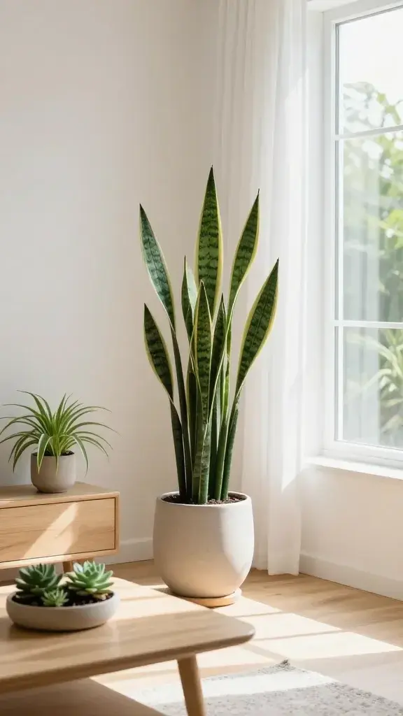 A sunlit, modern living room with a clean, minimalist aesthetic, featuring a single eye-catching houseplant as the main subject: a tall, graceful snake plant placed in a sleek ceramic pot on a light wood coffee table near a large window with sheer white curtains. Surrounding accents include a smaller spider plant on a shelf and a minimal rocky succulent trio displayed in a neutral-toned, low-profile planter, all arranged to convey calm, uplifting vibes. Soft natural light casts gentle shadows, highlighting the plant’s variegated green leaves reaching upward, while the room’s color palette stays warm and airy with off-white walls, light wood flooring, and subtle greenery reflections. The scene radiates mood-boosting, low-maintenance care and a peaceful, organized atmosphere.