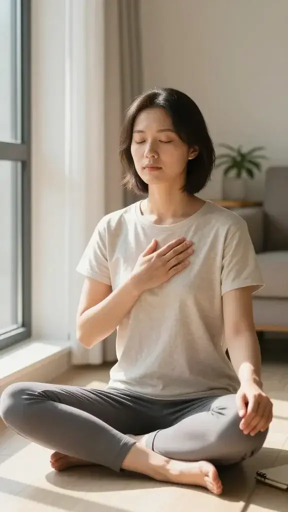 A realistic, high-quality photo of a calm, focused person seated cross-legged on a clean, sunlit windowsill or quiet corner of a modern living room, eyes gently closed, hands resting softly on knees, subtle breath in the chest, soft natural light casting warm tones, a faint blur of a cozy interior in the background with a potted plant and a notebook nearby, the demeanor serene and concentrated as if pausing for a five-minute mindful moment, a minimal, uncluttered scene that conveys a gentle reset and renewed focus, no text or logos visible.