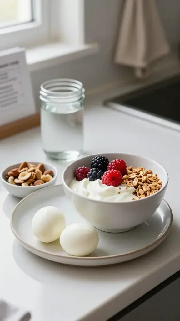 A high-resolution, realistic photograph of a tidy, inviting kitchen countertop scene featuring a well-lit breakfast or snack setup centered around protein-packed options. The main subject is a stylish bowl of creamy Greek yogurt swirled with fresh berries and a sprinkle of granola, placed beside a small plate with two neatly peeled hard-boiled eggs and a small bowl of mixed nuts. Include a glass of water or a mason jar with a simple drink to suggest hydration. The background should show subtle elements like a recipe card, a folded apron, and a soft-focus window with natural light to convey a calm, healthy eating moment. The composition should feel natural and aspirational, capturing texture and color: creamy yogurt, bright red berries, smooth eggs, and crunchy nuts, all arranged to emphasize protein-packed snacking as a smart, energy-stabilizing habit. No text, no branding, hyper-realistic lighting, shallow depth of field to keep the protein-focused items crisp and appetizing.