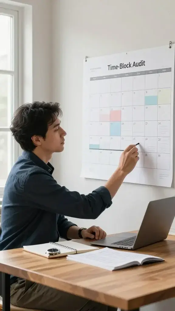 A realistic, high-quality photograph of a focused, professional individual sitting at a clean wooden desk in a bright, modern home office. The person is mid-30s, wearing smart-casual attire, and is actively analyzing a large wall calendar and a printed timeline spread across the desk, with a laptop, a notebook, and a stopwatch nearby. They are marking 15-minute blocks on a chart labeled “Time-Block Audit,” with subtle visual cues like color-coded segments and faint hour markers, conveying a meticulous, contemplative workflow. Soft natural light from a window to the left highlights the person’s expression of concentration as they identify time sinks and opportunities for reinvestment, with a calm, organized environment that suggests reclaiming minutes. No text on the image. The main subject from the article title should be clearly represented as the focal point.