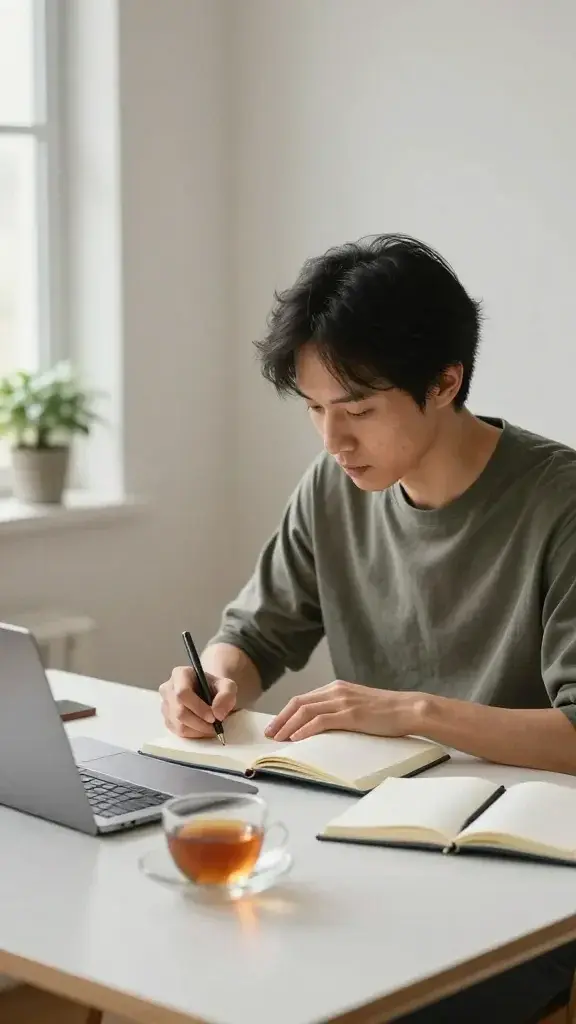 A realistic, high-quality photograph of a calm, focused individual seated at a clean, minimalist desk in a softly lit room, captured in a candid, diary-writing moment. The person is mid-30s with neutral expression, wearing casual, comfortable clothing, and writing in an open journal with a pen. Surrounding elements include a laptop, a cup of tea, a small potted plant, and a window with gentle natural light filtering in, creating a warm, inviting atmosphere that conveys honesty, self-reflection, and non-judgmental exploration. The composition emphasizes clarity and openness, with subtle hints of clutter-free organization and personal growth cues, such as a neatly arranged notebook and a quiet, distraction-free workspace. The main subject from the article title should be clearly represented as a thoughtful diarist engaged in genuine self-reflection.