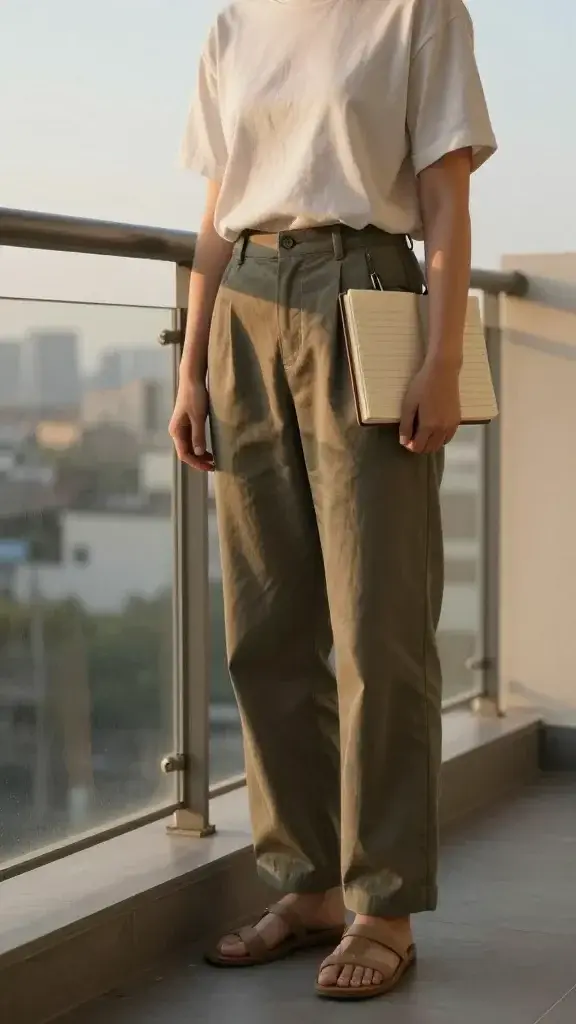 A realistic, high-quality photo of a calm, focused person standing at the edge of a quiet balcony overlooking a city at golden hour, conveying empowerment and boundary-setting; the person is dressed in casual, modern attire, hands relaxed at their sides, a subtle but clear stance of resolve; soft warm light casts gentle shadows, a notebook and pen tucked under one arm to symbolize planning a boundary; the scene exudes a sense of intention, self-respect, and gradual growth, with a clean, uncluttered background to emphasize personal boundary-building as a purposeful habit.