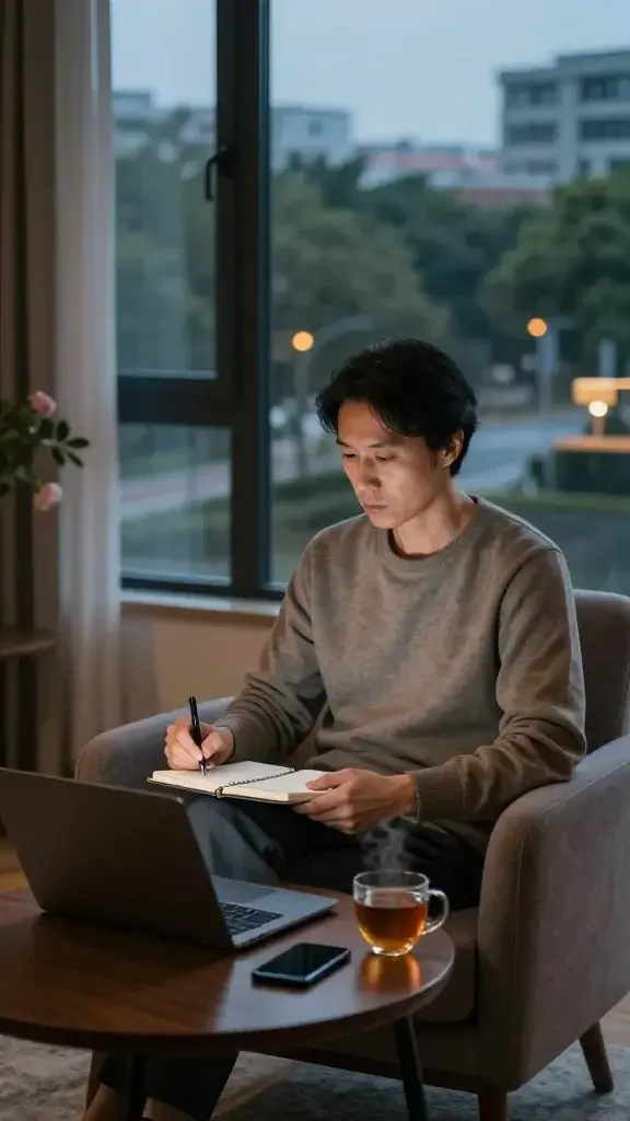 A high-resolution, realistic lifestyle photograph of a calm, focused adult sitting near a large window in a softly lit modern living room at dusk, with a digital detox setting. The person is comfortably seated on a plush armchair, laptop closed and smartphone face down on a side table, a simple notebook and pen in hand, and a steaming cup of tea nearby. The window reveals a serene cityscape or tree-lined street outside, while warm ambient lighting emphasizes a tranquil, distraction-free atmosphere. Subdued natural colors—muted blues, warm ambers, and earthy tones—convey stillness and reflection. The scene conveys intentional unplugging for 60 minutes tonight or tomorrow, with an expression of calm focus and the potential for clearer thinking and better decisions. No text or logos.