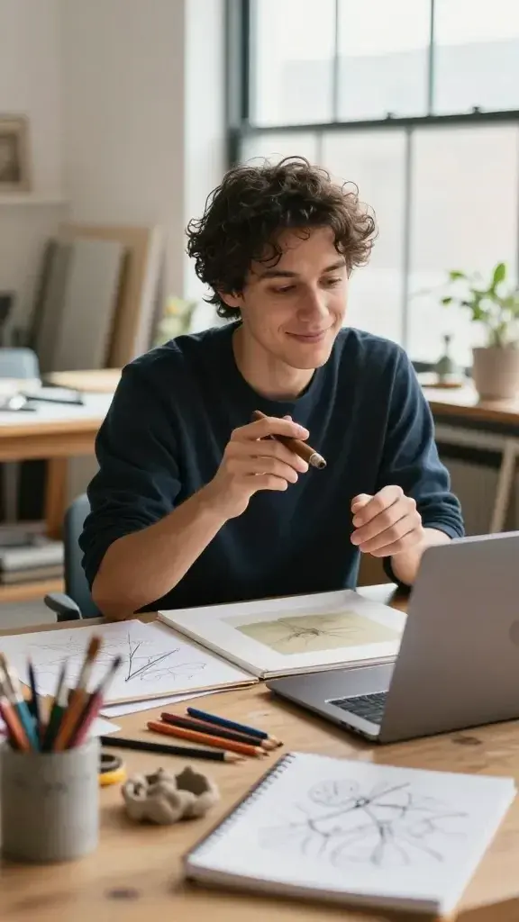 A realistic, high-quality photo of a focused individual in a bright, modern creative studio, mid-20s to early 30s, seated at a well-lit wooden desk with scattered art supplies, sketchbooks, and a laptop open to a blank canvas. The person is mid-gesture, hands in motion, cigar? no. They are smiling softly with a look of engaged flow, showcasing a moment of creative sprint. Warm natural light from a large window, soft shadows, and a shallow depth of field that keeps the foreground crisp while the background subtly blurred. The scene conveys spontaneity and freedom: paintbrushes, colored pencils, a small clay model, and a notebook filled with loose doodles. The overall mood is energetic, vibrant, and unstructured, emphasizing that there are no rules—only flow and momentum. The main subject from the article title should be clearly represented as the person engaging in creative practice, with a calm, determined expression that communicates renewed creativity fueling problem-solving across life. No text or branding in the image, just a candid, cinematic portrait-like composition.