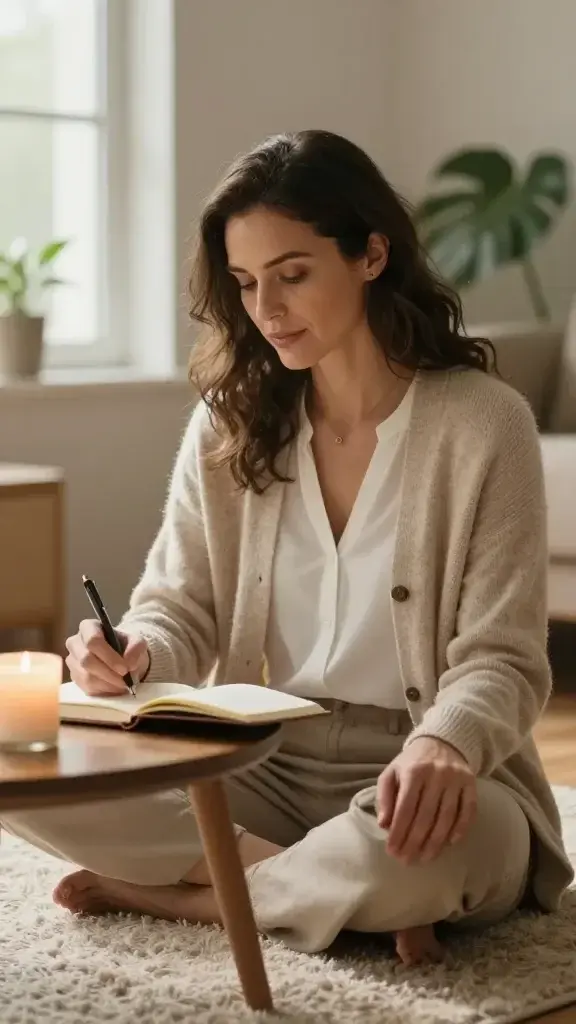 A realistic, high-quality photo of a peaceful, self-assured woman seated comfortably in a sunlit cozy space, embodying self-care and boundary setting. She is mid-30s, with natural makeup, wearing a soft beige cardigan over a white blouse, sitting cross-legged on a plush rug beside a small table with a glowing candle and a journal. She writes thoughtfully in the journal with one hand while the other rests on her knee, conveying clarity and compassion. The scene conveys quiet strength and self-respect, with warm, inviting natural light from a nearby window, muted earthy tones, plants in the background, and a serene expression that suggests she is naming an unmet need and planning a compassionate response. No text or logos in the image.