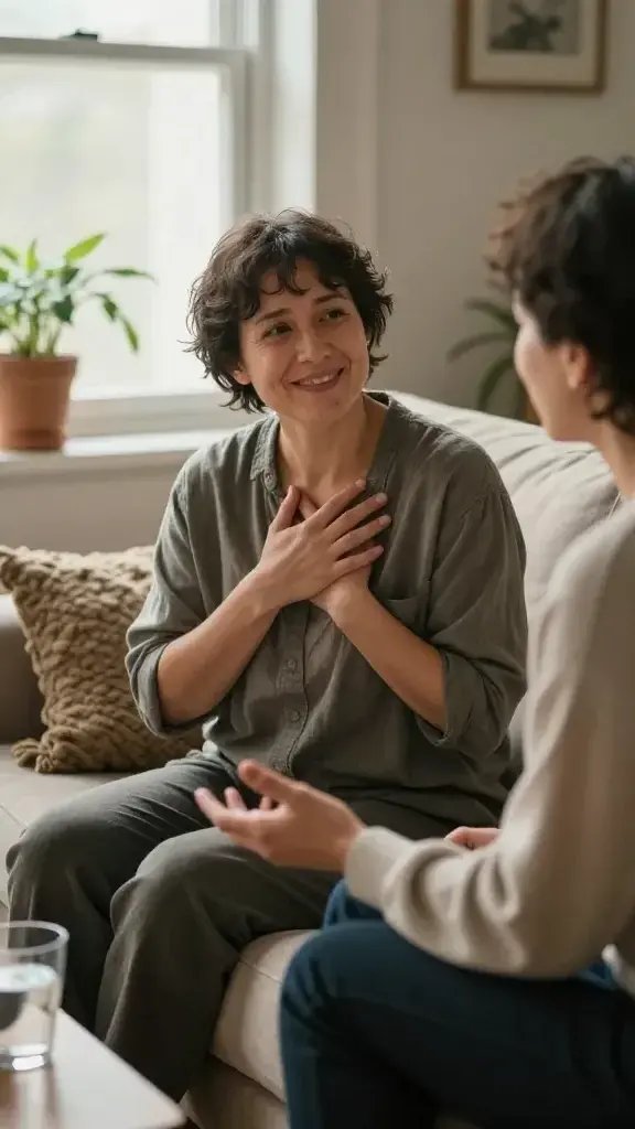 A realistic high-quality photograph of a warm, intimate scene featuring a main subject embodying self-love and inner peace, centered in a softly lit living space. The subject is a mid-30s person with gentle, confident posture, seated comfortably on a plush sofa by a sunlit window. They are in a candid moment of vulnerability, slightly smiling with an open, receptive expression, engaging in a heartfelt conversation with a trusted friend who sits nearby, listening intently. The mood is calm and inviting, with muted earth tones, soft textures, and natural light highlighting subtle facial expressions that convey bravery in vulnerability. Subtle details: one hand resting over their chest, the other hand gesturing as they share a small feeling; a close, compassionate gaze between the two individuals; a glass of water on a side table; a potted plant and a woven throw blanket adding warmth. The image should feel authentic, intimate, and healing, capturing the moment of honest connection and courage in vulnerability without text or branding.