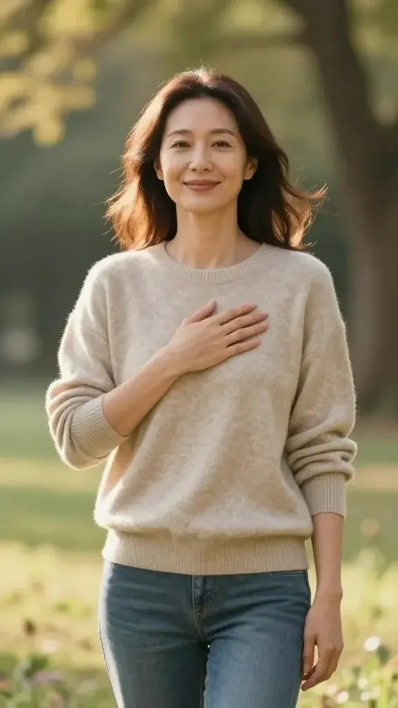 A serene, high-resolution portrait of a calm, confident woman in her late 20s to early 40s, standing in a sunlit outdoor setting with a soft-focus natural background of trees and gentle greenery. She is relaxed and smiling softly, with a sense of inner peace and self-assurance. She wears comfortable, timeless clothing in neutral tones (e.g., a soft beige sweater and casual jeans), and stands with one hand resting over her heart and the other loosely at her side, conveying trust in her own rhythm. The lighting is warm and golden, casting a gentle glow that highlights her serene expression. She is surrounded by subtle, harmonious colors that evoke balance and patience, with a slight breeze rustling her hair and clothing to suggest natural momentum. No text, no branding, just a realistic, high-quality image that embodies how to move on and let go.