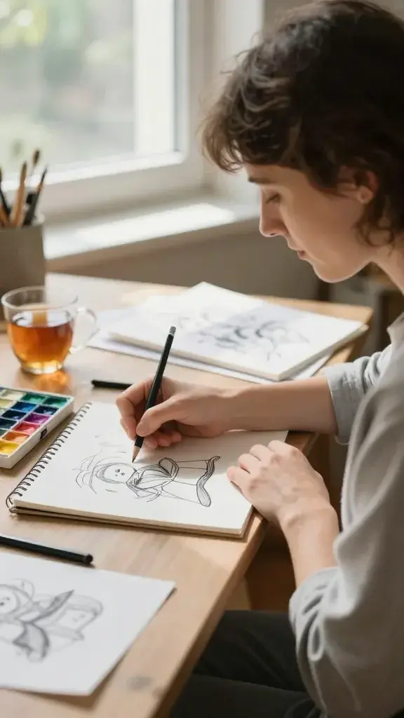 A realistic, high-quality photo of a serene person seated in a sunlit, cozy studio space, gently doodling on a blank page with a soft graphite pencil while a small watercolor palette and a half-finished painting sit nearby. The scene exudes creativity and self-love through warm natural light streaming through a window, a cup of tea, and scattered sketches, with a calm, content expression on the person’s face as they embrace a tiny creative ritual. No text in the image.