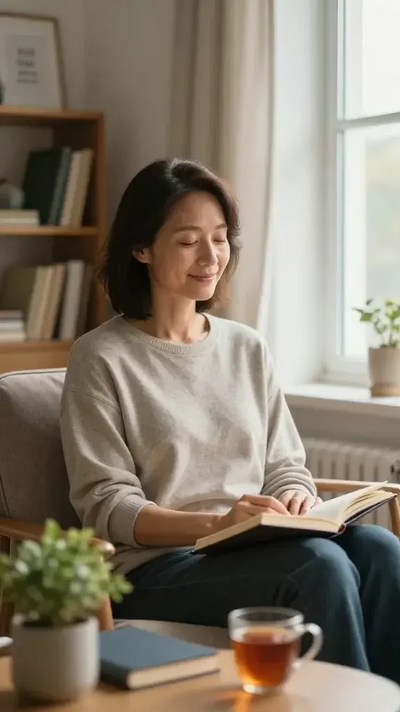 Create a realistic, high-quality photo of a serene person in a cozy, softly lit living room, sitting comfortably on a plush chair by a large window with warm afternoon light. The person, a calm and content adult with a gentle smile, is surrounded by supportive, uplifting elements: a small plant, a favorite journal, and a mug of tea. They are softly closing their eyes or looking peacefully downward, as if choosing to mute negative voices. In the background, a muted, tidy bookshelf and a framed minimalist quote (not visible in the image) hint at positive influences. The scene conveys inner peace, self-love, and deliberate self-care through choosing empowering voices. No text or logos anywhere in the image. The overall mood is tranquil, hopeful, and empowering.