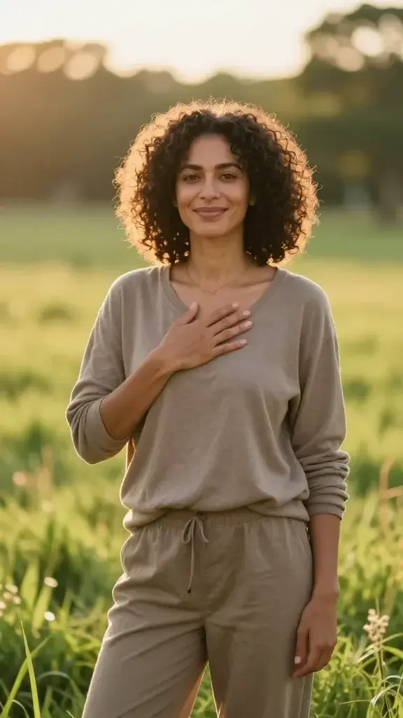 Create a realistic, high-quality photo of a radiant, diverse adult woman standing in a sunlit natural setting (soft golden hour light). She exudes calm confidence and self-contentment, with a gentle, genuine smile. She wears comfortable, casual clothing in earthy tones, and her posture is relaxed yet upright, with shoulders open and hands loosely clasped at her sides or one hand resting over her heart. Surroundings feature a peaceful landscape—lush greenery, the glow of warm sunlight, and a subtle bokeh of distant trees or a meadow. The mood conveys self-love, inner peace, and daily celebration of being her authentic self. No text or logos visible in the scene.