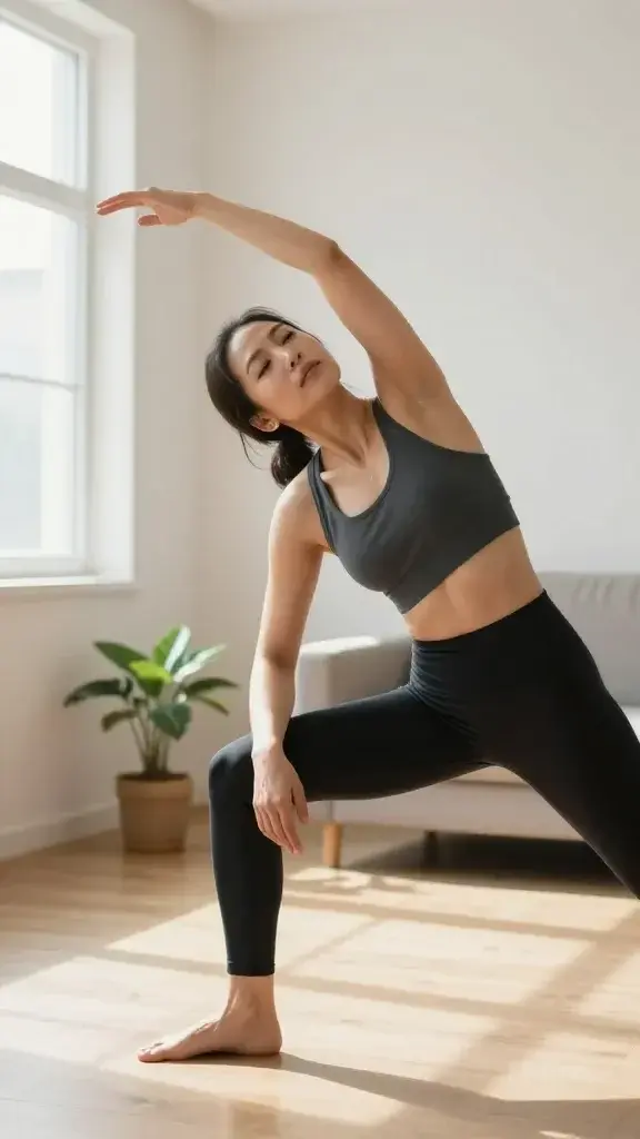 A realistic, high-quality photo of a fit, energized person performing a 5-minute morning stretch routine in a bright, minimalist home setting. The subject is mid-stretch, standing or seated with a gentle twist, focusing on neck, shoulders, hips, and spine, capturing smooth, deliberate movements. Natural light streams through a window, highlighting clean lines of a cozy, uncluttered space with light wood flooring, a small potted plant, and neutral tones. The person has a calm, focused expression, lightly sweating or fresh-faced to convey morning vitality, no gym equipment, no text or logos visible. The scene conveys a quick reboot for body and brain before coffee, emphasizing balance, breathing (inhale 4, exhale 4) and feelings of rejuvenation and ease.