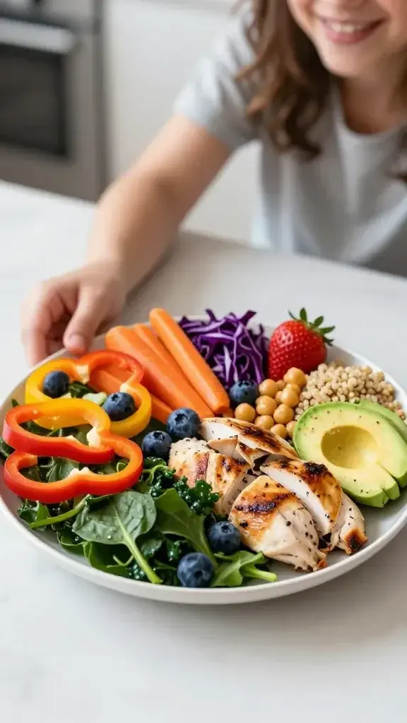 A realistic, high-quality photo of a vibrant lunch plate arranged as a colorful rainbow of nutritious foods: a bed of leafy greens (spinach and kale) as the base, topped with sliced red and yellow peppers, orange carrots, purple cabbage, blueberries and strawberries, and a portion of lean protein such as grilled chicken and chickpeas, plus a side of quinoa and avocado slices. The plate should be artfully composed with natural lighting, soft shadows, and a clean, bright kitchen or dining table background. The main subject is a healthy, energized person in the background—slightly out of focus—smiling and reaching for the plate, conveying energy and mood uplift, with no text or logos on the image.