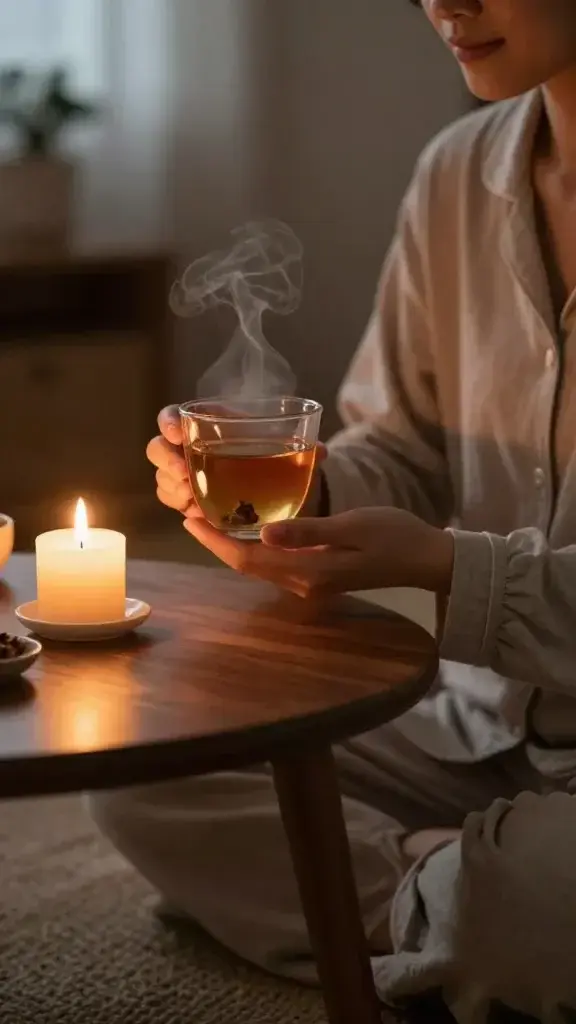 A realistic, high-quality photo of a person enjoying a calm evening by candlelight, sitting at a small wooden table with a warm cup of herbal tea in hand and a softly lit room in the background. The scene features low-light ambience with a gentle candle glow, a steam rising from the tea, and a tranquil, uncluttered space that conveys wind-down time after sunset. The main subject is a relaxed adult, dressed in cozy, neutral-toned loungewear, captured in natural, flattering lighting that highlights the soothing ritual of swapping screen time for a comforting cup of tea. No text on the image.