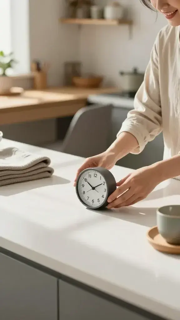 A realistic, high-quality photo of a calm, sunlit living room after a quick five-minute clean-up: a tidy surface with neatly arranged items, a small clock showing five minutes on a clean kitchen counter or dining table, hands placing the final item into its designated home, soft natural light casting gentle shadows, a person (gender-neutral) wearing casual, cozy clothes smiling with a sense of accomplishment, a clutter-free desk and organized shelves in the background, subtle details like a neatly folded blanket, a plant, and a clean, inviting atmosphere that conveys mental clarity and sanctuary without any text or logos visible.
